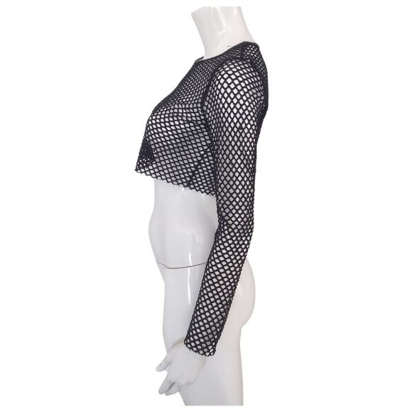OUT FROM UNDER Black Fishnet Mesh Top Sz M Sheer Gothic Rocker Cropped Stretchy - Picture 4 of 6